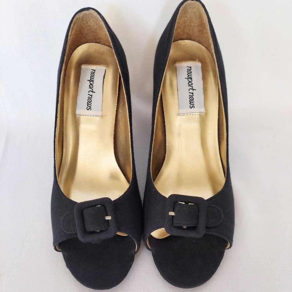 Newport News Buckle Toe Canvas Open Toe Fabric Pumps Heels Black Size 5.5